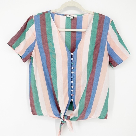 Madewell Novel Tie-Front Button Top in Flagstaff Stripe size Small - Picture 2 of 5